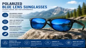 Blue colored lens sunglasses with polarized lenses reducing glare during sunny activities