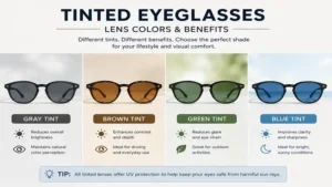 Tinted eyeglasses featuring gray, brown, green, and blue lens tint options