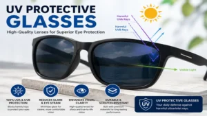 Close-up of uv protective glasses featuring advanced UV-blocking lenses that reduce glare and improve visual clarity.