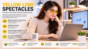 Yellow lens spectacles worn during computer work to help reduce digital eye strain