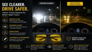 Yellow tinted glasses for night driving featuring anti-glare lenses and a lightweight frame