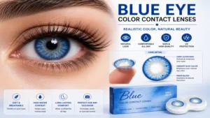 Close-up view of blue eye color contact lenses showing realistic color and detail