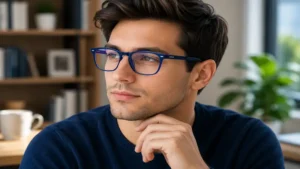 Young professional wearing blue frame glasses in a modern office environment.