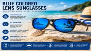 Blue colored lens sunglasses providing comfortable vision at the beach on a bright day