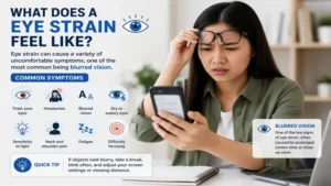 Blurred vision is one example of what does a eye strain feel like during extended reading or screen time