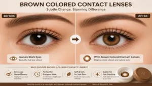Before and after comparison using brown colored contact lenses for a subtle eye color transformation.