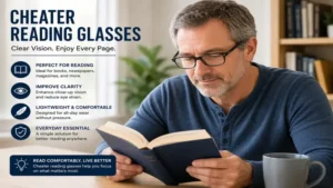 Person wearing cheater reading glasses while reading a book with clear and comfortable vision.