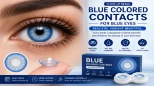 Close-up of blue colored contacts for blue eyes showing realistic color and fine details