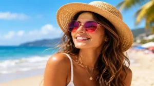 Person wearing colored sunglasses on a sunny beach day