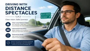 Driver wearing distance spectacles for clearer road visibility and safer driving.