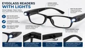 Detailed product view of eyeglass readers with lights highlighting the lightweight frame and built-in LED lights.