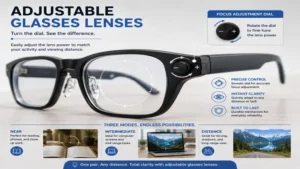 Adjustable glasses lenses featuring a precision dial for customized focus adjustment