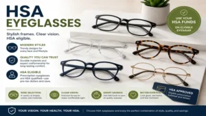 Modern HSA eyeglasses featuring durable prescription frames in a variety of stylish designs.