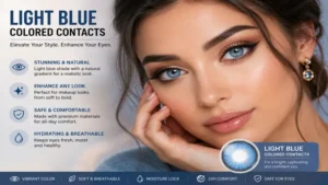 Light blue colored contacts paired with elegant makeup for a striking and fashionable look.