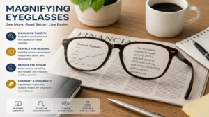 Magnifying eyeglasses placed on a desk beside reading materials and documents