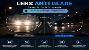Lens anti glare improving visibility and reducing headlight glare while driving at night