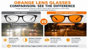 Comparison of orange lens glasses with clear lenses for contrast and glare reduction.