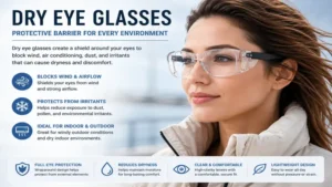 Dry eye glasses providing protection from wind, air conditioning, and environmental irritants