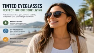 Woman wearing tinted eyeglasses outdoors on a bright sunny day