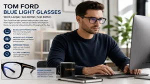 Tom ford blue light glasses worn while working at a computer in a modern office