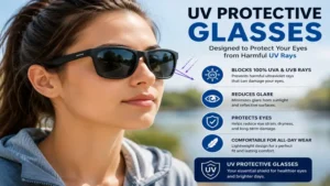A woman wearing uv protective glasses to help shield her eyes from harmful sunlight and reduce eye strain.
