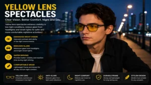 Yellow lens spectacles designed to enhance clarity and comfort during nighttime activities