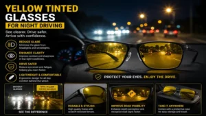 Yellow tinted glasses for night driving showing improved contrast compared with standard clear lenses