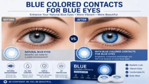 Blue colored contacts for blue eyes before and after comparison with a natural enhancement