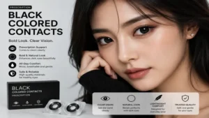 Beauty portrait featuring black colored contacts prescription lenses for bold everyday style