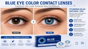 Blue eye color contact lenses before and after comparison for a dramatic eye color change