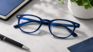 Blue frame glasses placed on a desk with office accessories in a flat lay composition.