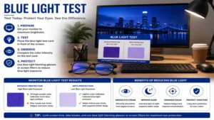 Blue light test on a computer monitor showing how screen filters and protective eyewear reduce blue light exposure.
