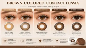 Different shades of brown colored contact lenses ranging from light honey to deep chocolate brown.