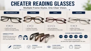 Comparison of cheater reading glasses in rectangular, round, oval, and square frame styles.