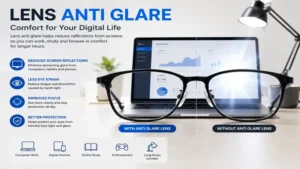 Lens anti glare helping reduce screen reflections for comfortable computer work