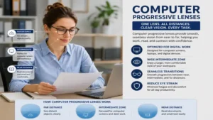 Person wearing computer progressive lenses for seamless viewing between documents and digital screens