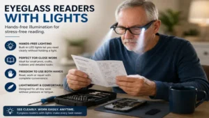 Eyeglass readers with lights providing hands-free illumination for reading instructions and detailed tasks.