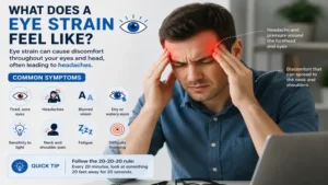 Headache around the forehead and eyes demonstrating what does a eye strain feel like from visual fatigue