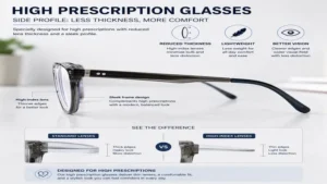 Side profile of high prescription glasses showing reduced lens thickness with high-index lenses