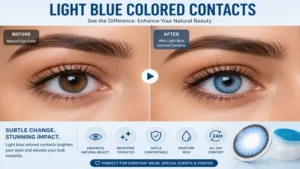 Before and after wearing light blue colored contacts to highlight the eye color enhancement.