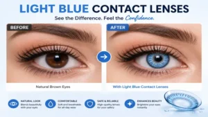 Before and after comparison showing the effect of light blue contact lenses on eye color