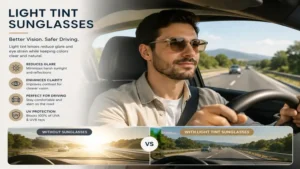 Driver wearing light tint sunglasses for reduced glare while maintaining clear visibility.