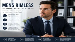mens rimless eyeglasses worn in an office setting for a professional appearance