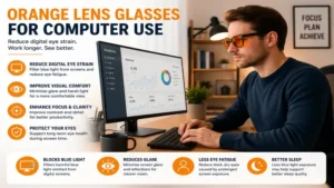 Person wearing orange lens glasses while using a computer to reduce digital eye fatigue.