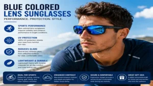 Blue colored lens sunglasses designed for outdoor sports and active lifestyles
