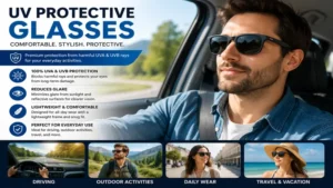 A driver wearing uv protective glasses for safer driving with reduced glare and enhanced visual comfort.