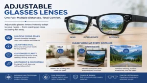Variable-focus adjustable glasses lenses designed for near, intermediate, and distance vision