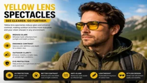 Yellow lens spectacles providing glare reduction and visual clarity for outdoor use