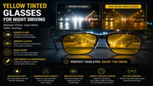 Yellow tinted glasses for night driving providing clearer visibility on highways during nighttime travel