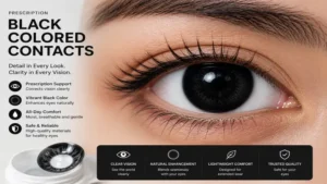 Detailed macro shot of black colored contacts prescription lenses for sharp clear vision
